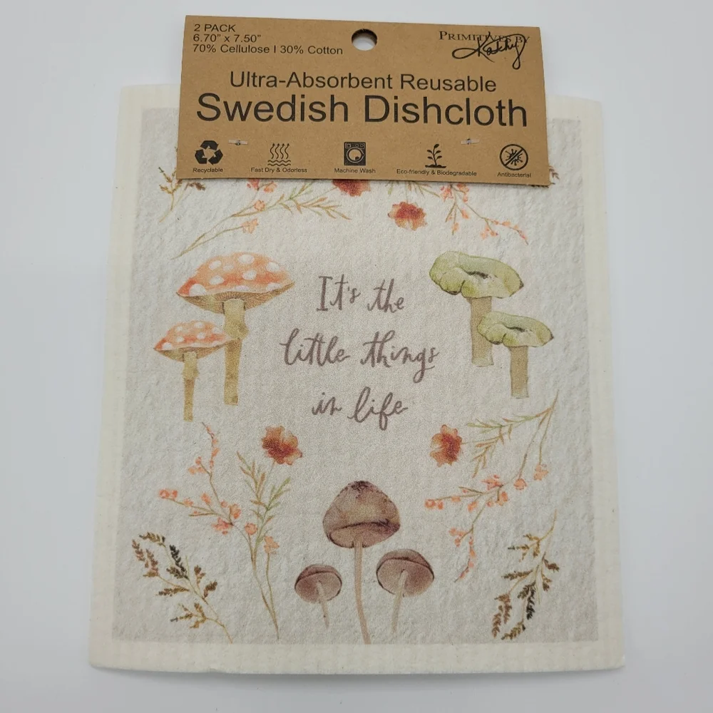 Primitives By Kathy Swedish Dishcloth Set Of 2 Mushroom Floral Design Eco NEW